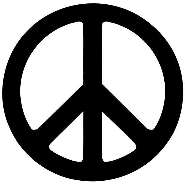 
	Знакът за мир е измислен през 1958 г. по повод движението за ядрено разоръжаване във Великобритания. Дизайнерът Джералд Холтъм разказва, че почерпил вдъхновение от собствения си лик. Той застанал пред огледало и се опитал да изиграе отчаян човек. Сетил се и за картина на Франсиско Гоя, на която е изобразен човек, изправен пред екзекуция. Неговите ръце са вдигнати нагоре и навън, образувайки латинската буква &ldquo;V&rdquo;. Холтъм искал да вгради в логото и буквите &ldquo;N&rdquo; и &ldquo;D&rdquo;, идващи от &ldquo;Nuclear Disarmament&rdquo; (ядрено разоръжаване), използвайки международните сигнали за тях. Този за буквата &ldquo;N&rdquo; се изпълнява от човек с два флага, сочещи надолу и навън, което на практика формира обърната буква &ldquo;V&rdquo;, а този за &ldquo;D&rdquo; се изпълнява с един флаг право нагоре и един право надолу. Така се ражда логото, което впоследствие е стилизирано с кръг.
