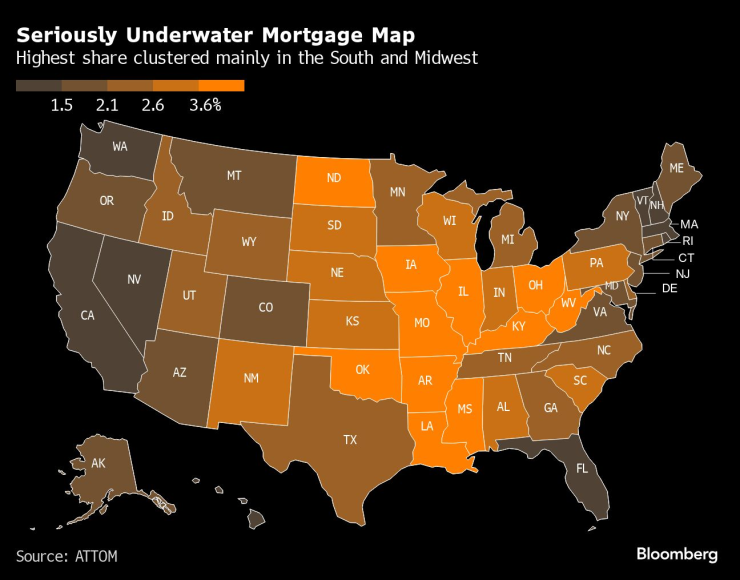 Карта на ипотечните кредити в САЩ "сериозно под водата". Източник: Bloomberg LP