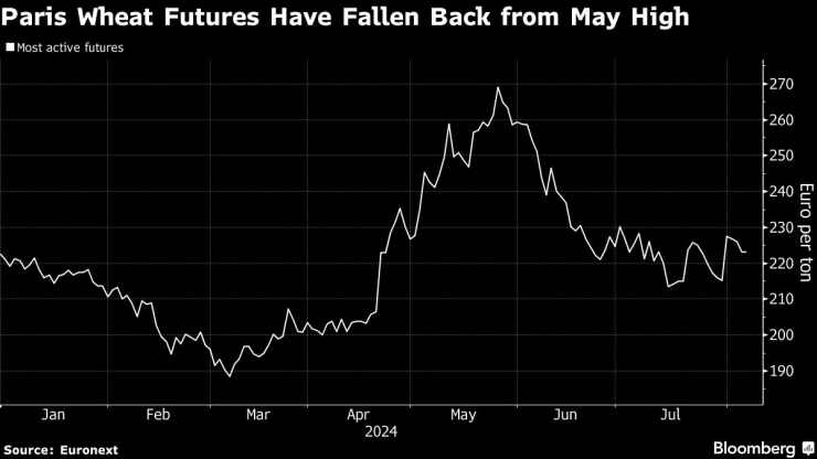Фючърсите върху пшеницата в Париж се понижиха от най-високата си стойност през май. Изображение: Bloomberg