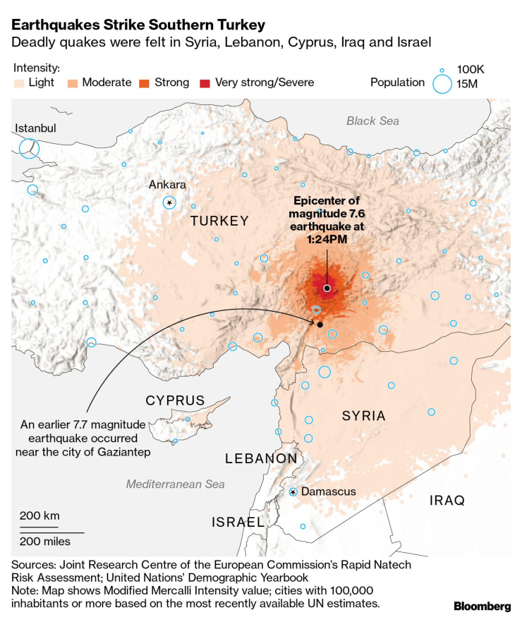 Карта на зоната на земетресенията. Графика: Bloomberg LP