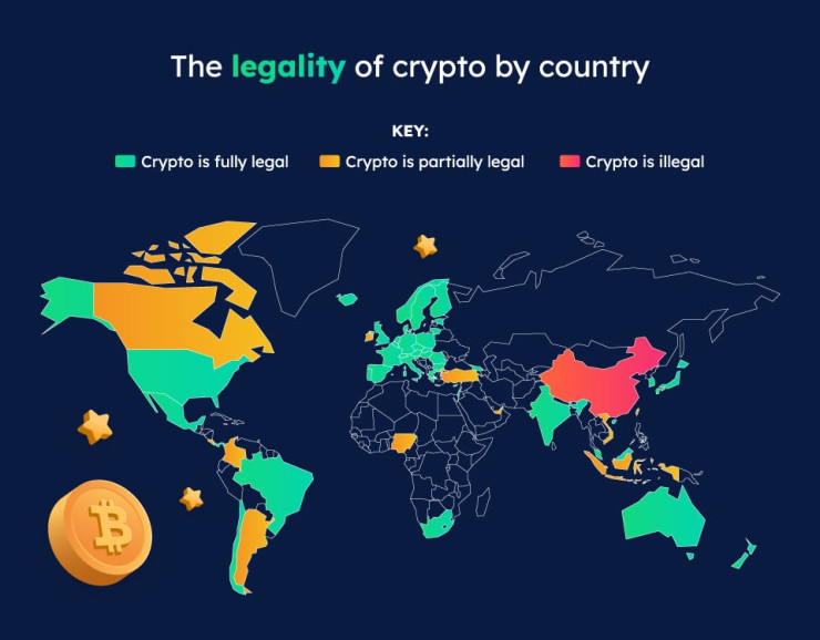 Къде по света криптовалутите са законни или не. Графика: Forex Suggest