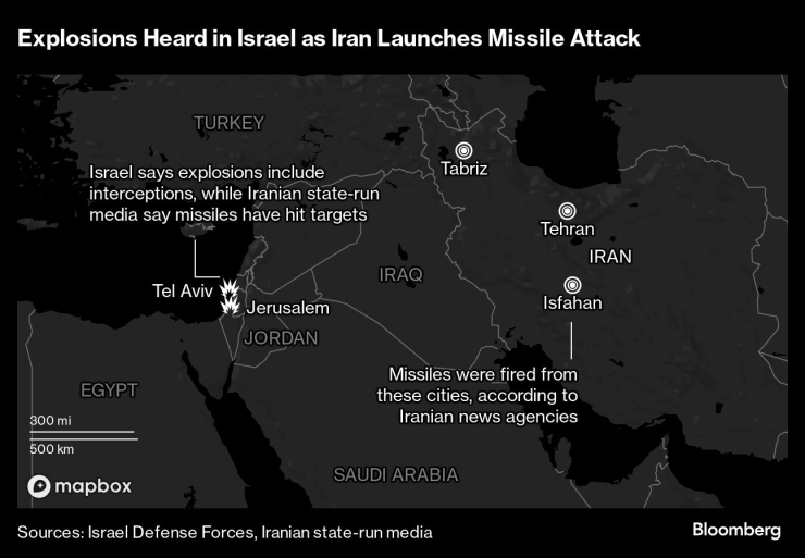 Атаката на Иран срещу Израел. Карта: Bloomberg