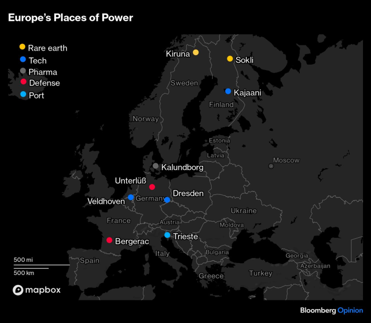 Новите европейски индустриални центрове. Графика: Bloomberg