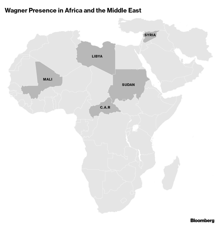 Присъствието на "Вагнер" в Африка и Близкия изток. Източник: Bloomberg