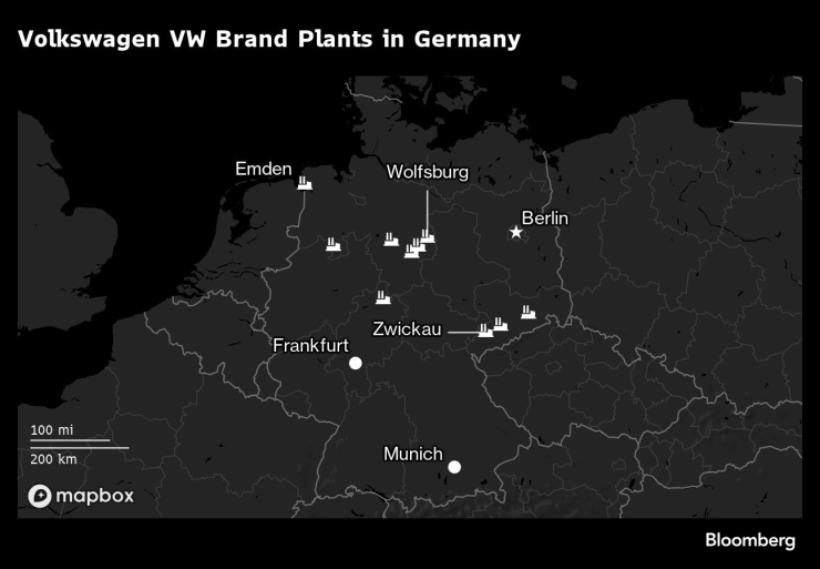 Заводската мрежа на марката Volkswagen в Германия. Източник: Bloomberg