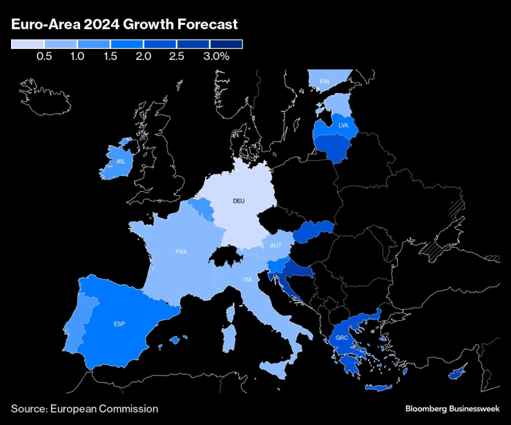 Прогноза за растежа на страните в еврозоната през 20224 г. Графика: Bloomberg
