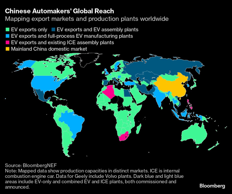 Глобално разширение на китайските автомобилни компании. Графика: BNEF