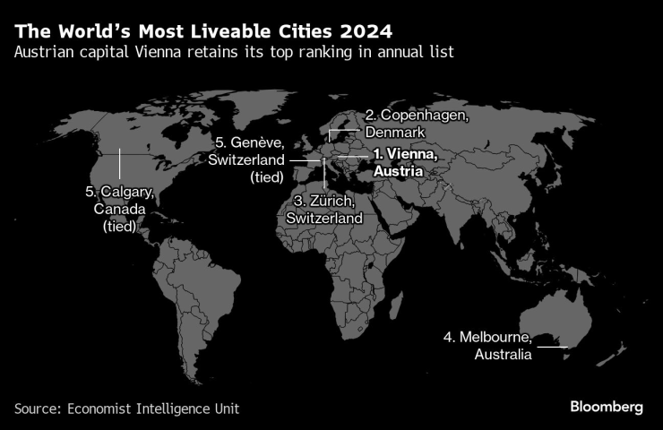 Най-добрите градове за живот в света през 2024 г. Карта: Bloomberg LP